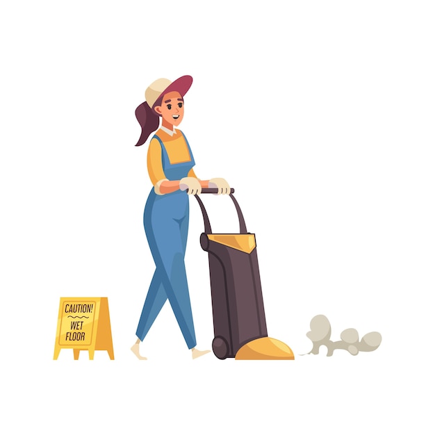 Limpiador de mujer feliz trapeando el piso con el icono plano de equipo profesional