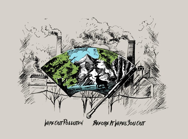 Limpiar la ciudad contra la contaminación Ilustración de vector de boceto dibujado a mano