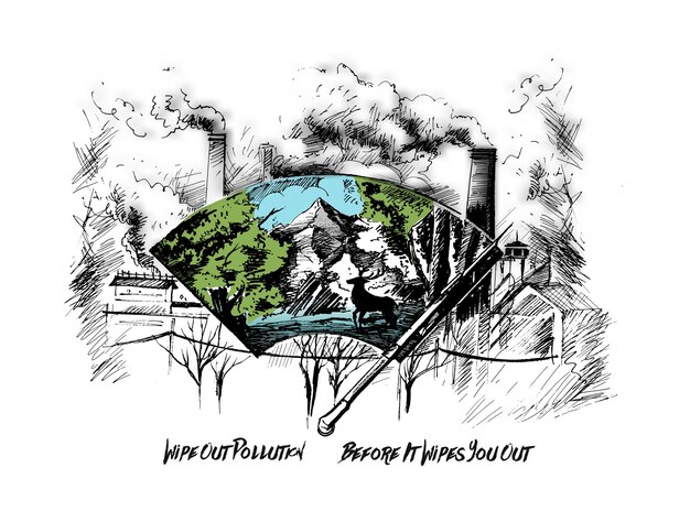 Limpiar la ciudad contra la contaminación Ilustración de vector de boceto dibujado a mano