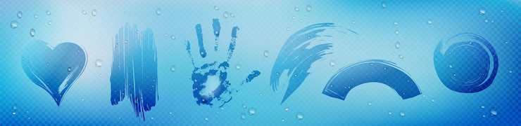 Vector gratuito limpie las manchas en el vidrio con gotas de agua de condensación, palma, corazón e impresiones abstractas en la ventana. parabrisas con gotas de lluvia, textura húmeda de lavado de esponja con gotas de agua ilustración vectorial 3d realista