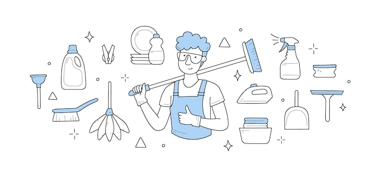 Vector gratuito limpieza o tareas domésticas doodle vector concepto