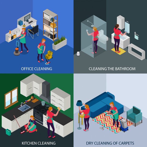 Limpieza profesional de oficinas y apartamentos de limpieza en seco de alfombras concepto isométrico aislado