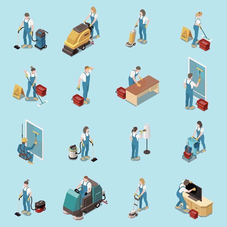 Vector gratuito limpieza profesional de oficinas servicios de limpieza equipo de personas iconos isométricos con aspiradora barrer fregar pisos ilustración vectorial
