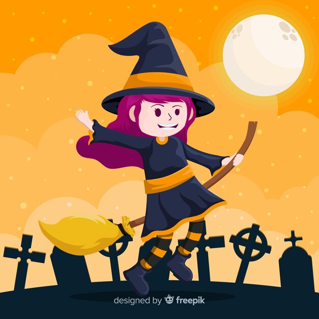 Linda bruja de halloween en el cementerio