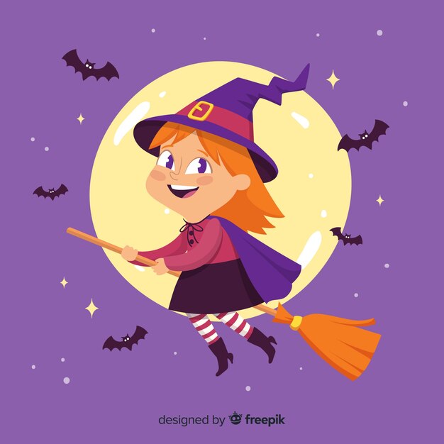 Linda bruja de halloween en escoba con murciélagos