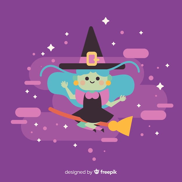 Vector gratuito linda bruja de halloween en escoba