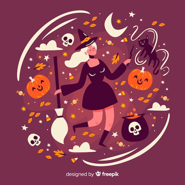 Vector gratuito linda bruja de halloween con una escoba