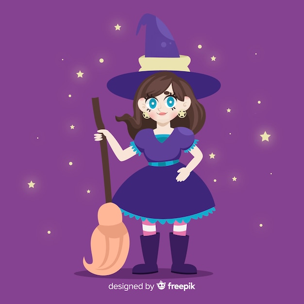 Linda bruja de halloween con fondo de noche estrellada