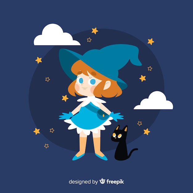 Vector gratuito linda bruja de halloween con gato negro