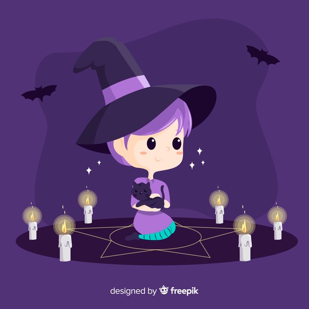 Vector gratuito linda bruja de halloween con hechizo