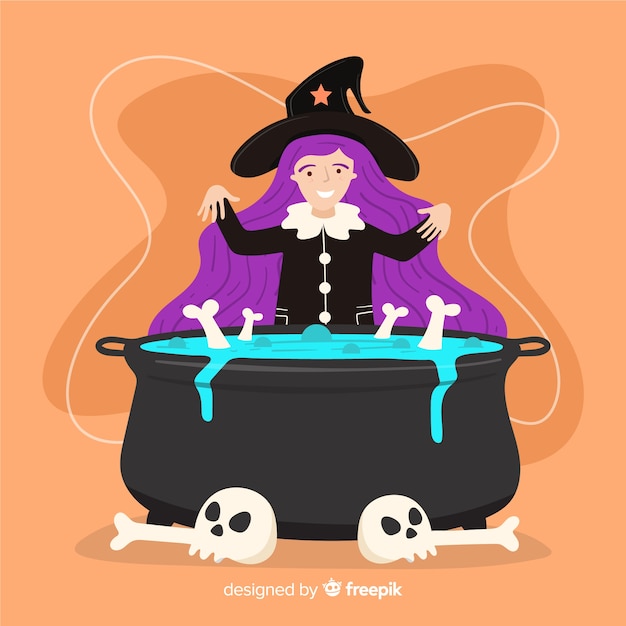 Vector gratuito linda bruja de halloween con el pelo largo