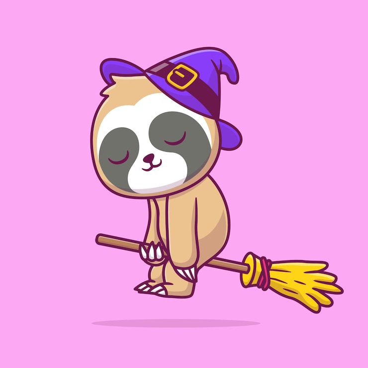 Vector gratuito linda bruja perezosa volando con una escoba icono de dibujos animados vectorial ilustración vacaciones de animales aisladas