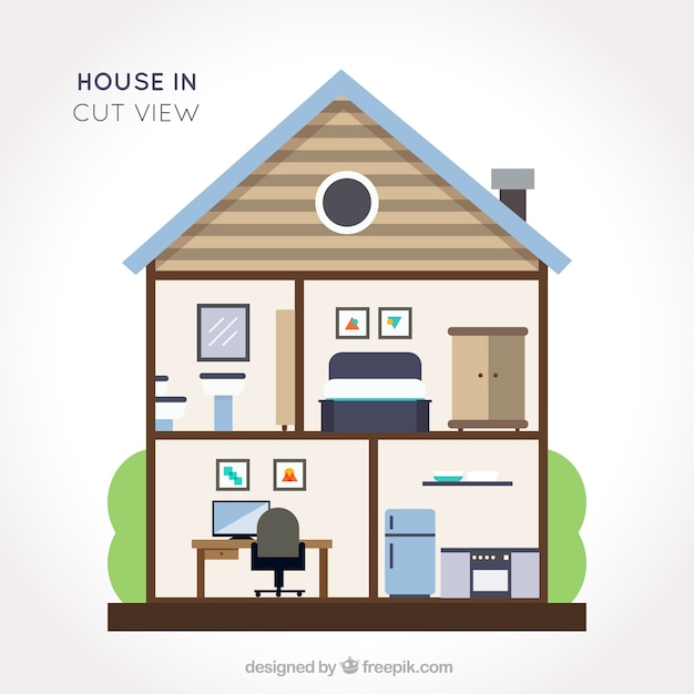 Vector gratuito linda casa en diseño plano con vista interior de habitaciones