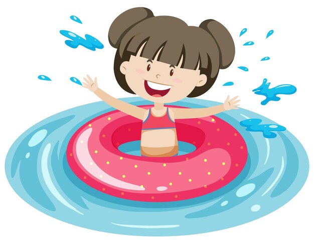 Linda chica con anillo de natación rosa en el agua aislado