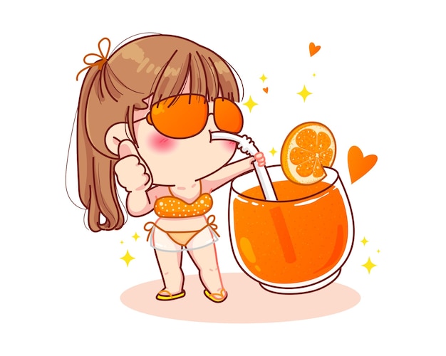 Linda chica en bikini de pie y chupando jugo de naranja ilustración de dibujos animados