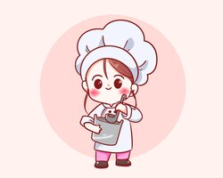 Vector gratuito linda chica chef en personaje uniforme sosteniendo una ilustración de arte de dibujos animados de logotipo de restaurante de comida de olla