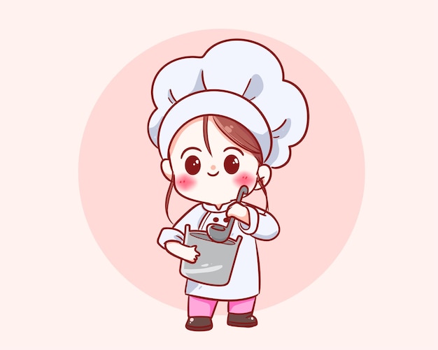 Linda chica chef en personaje uniforme sosteniendo una ilustración de arte de dibujos animados de logotipo de restaurante de comida de olla