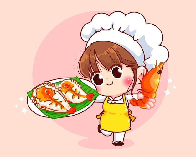 Linda chica chef sonriendo en uniforme con langostinos a la parrilla menú de mariscos ilustración de arte de dibujos animados