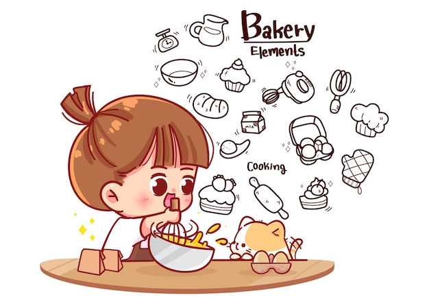 Vector gratuito linda chica cocinando en cocina y panadería elementos de doodle ilustración de arte de dibujos animados