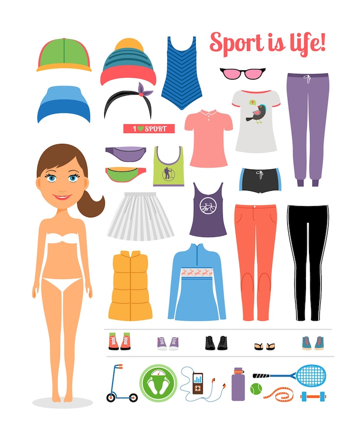 Vector gratuito linda chica deportiva de dibujos animados con una variedad de ropa y equipos de gimnasia que enfatiza el concepto de deporte es la vida aislado en blanco.