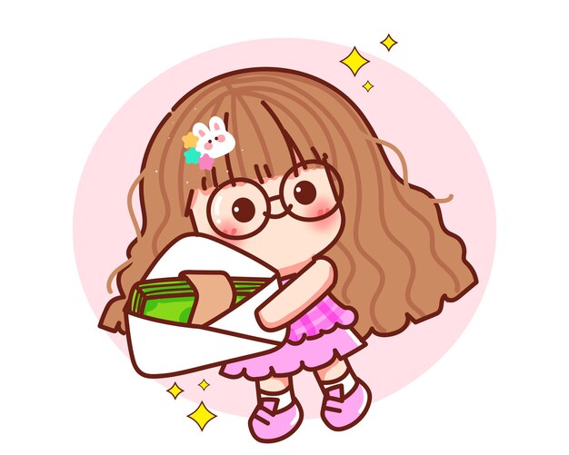 Linda chica con dinero en efectivo o dibujos animados dibujados a mano ilustración de arte de dibujos animados