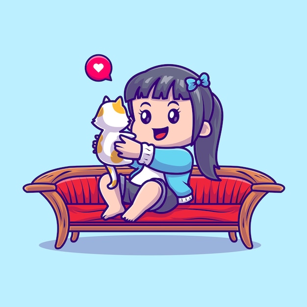 Vector gratuito linda chica jugando con el gato en la ilustración del icono del vector de dibujos animados del sofá. icono de animales de personas aislado