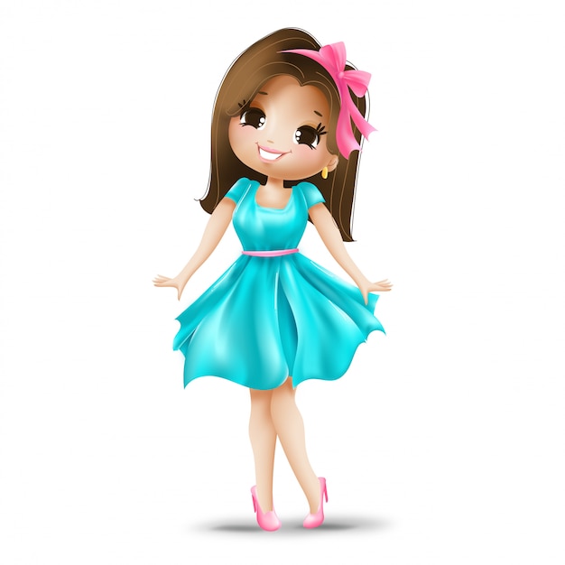 Linda chica con un lazo rosa y un vestido azul
