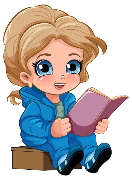 Vector gratuito linda chica leyendo libro personaje de dibujos animados