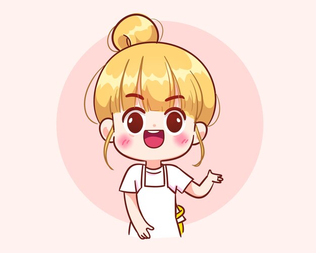 Linda chica mostrando mano posando presentación vacía logo banner dibujado a mano ilustración de arte de dibujos animados