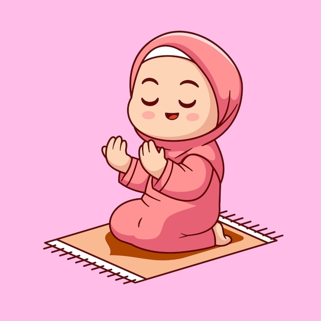 Linda chica musulmana oración dibujos animados Vector icono ilustración personas religión icono concepto aislado plano