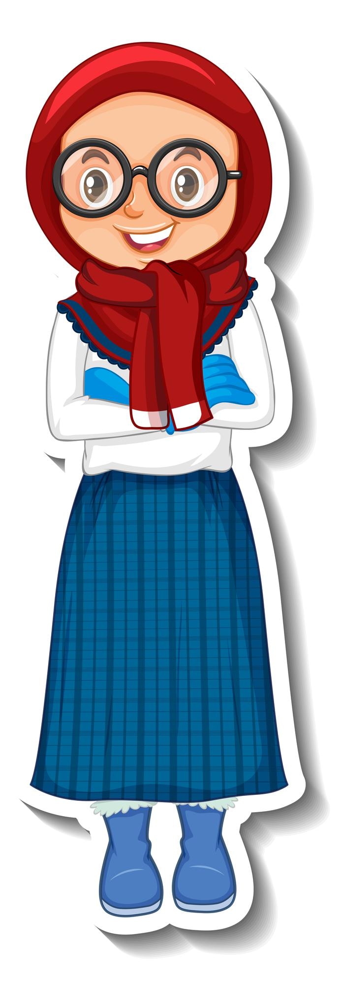 Vector gratuito linda chica musulmana en personaje de dibujos animados de traje de invierno