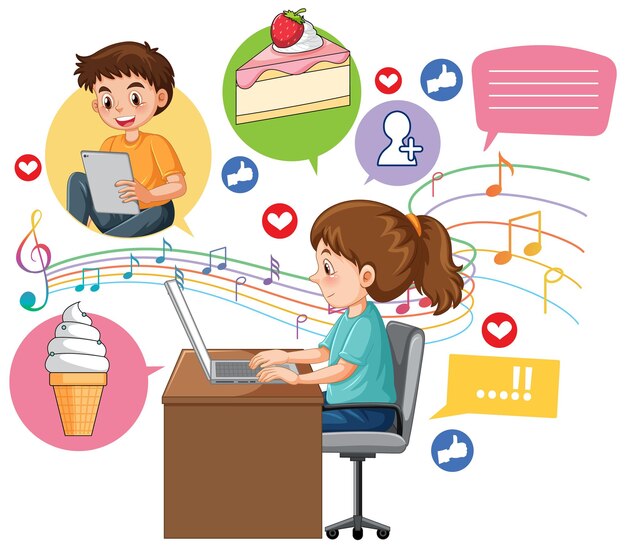 Linda chica navegando en las redes sociales en la computadora portátil
