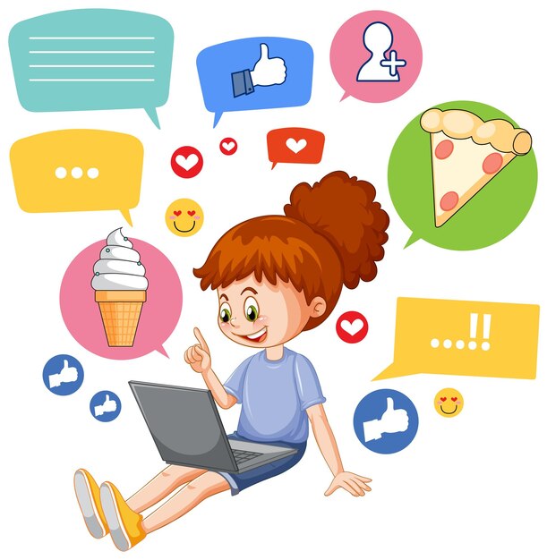 Linda chica navegando en las redes sociales en la computadora portátil