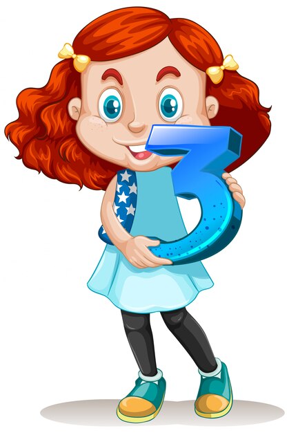 Linda chica con pelo rojo con matemáticas número tres