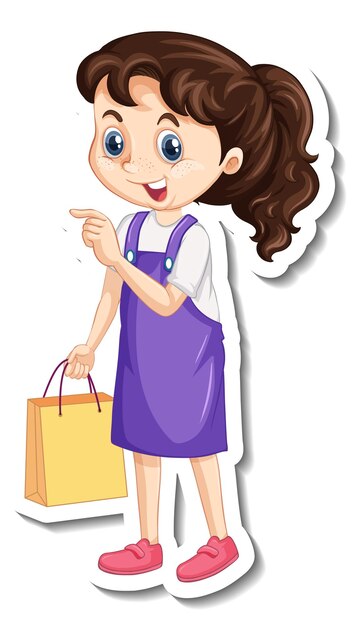 Linda chica con personaje de dibujos animados de bolsa de compras
