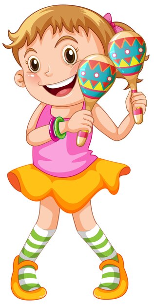 Linda chica con personaje de dibujos animados de maracas