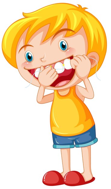 Linda chica personaje de dibujos animados usar hilo dental