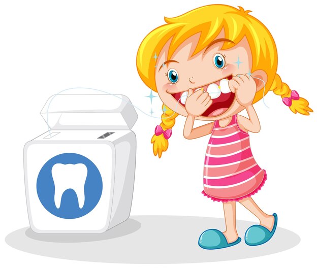 Linda chica personaje de dibujos animados usar hilo dental