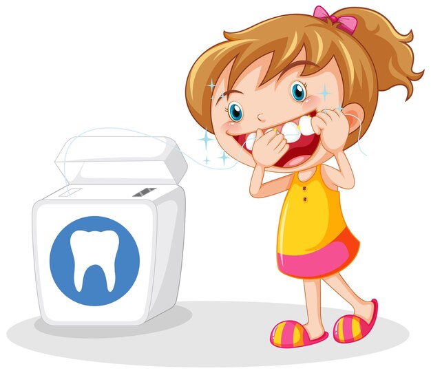 Linda chica personaje de dibujos animados usar hilo dental