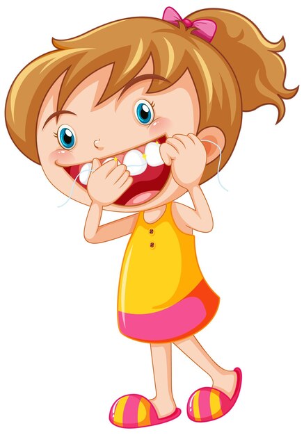 Linda chica personaje de dibujos animados usar hilo dental