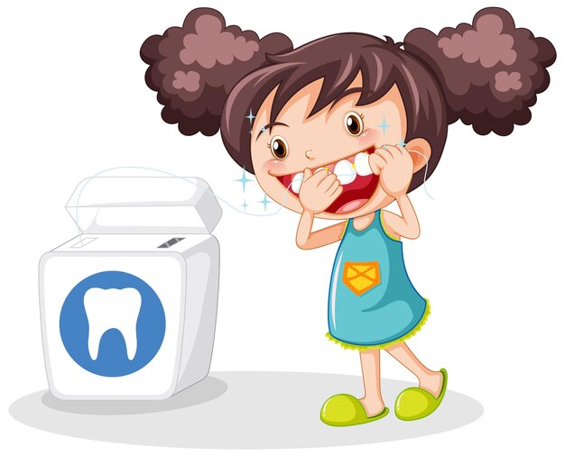 Linda chica personaje de dibujos animados usar hilo dental