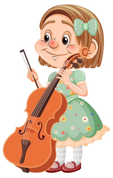 Linda chica con personaje de dibujos animados de violonchelo