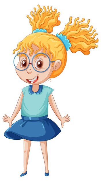 Una linda chica de pie en el personaje de dibujos animados de piso en blanco ba