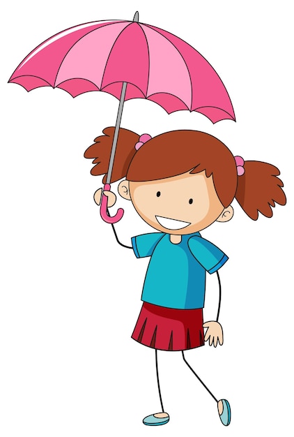 Vector gratuito linda chica sosteniendo paraguas doodle personaje de dibujos animados aislado