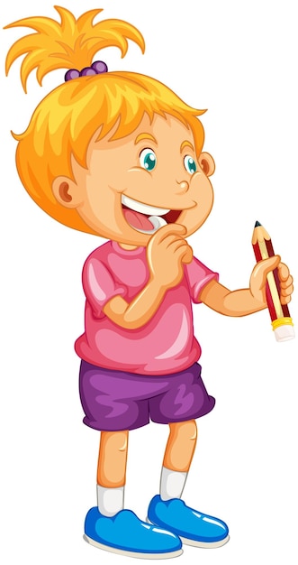 Linda chica sosteniendo un personaje de dibujos animados de lápiz aislado sobre fondo blanco.
