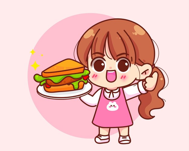 Linda chica sosteniendo Sandwich comida logo dibujos animados mano dibujar carácter vector arte ilustración