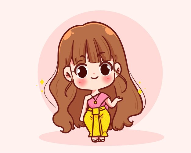 Linda chica en Tailandia personaje de dibujos animados tradicional dibujar a mano ilustración de arte