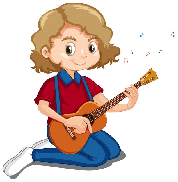 Linda chica tocando el ukelele en blanco