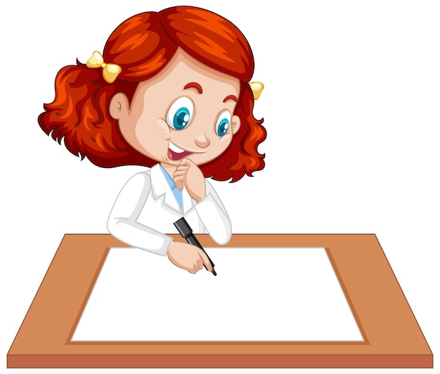 Vector gratuito linda chica con uniforme científico escribiendo en papel en blanco