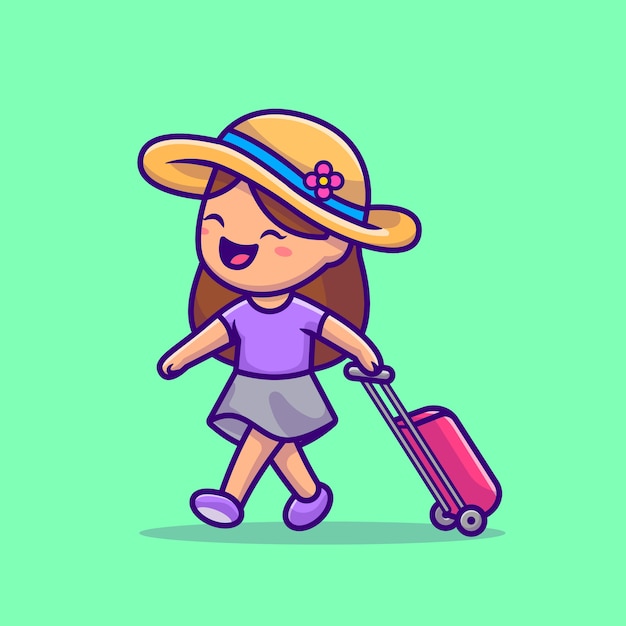 Linda chica viajando ilustración de dibujos animados. concepto de icono de vacaciones de personas